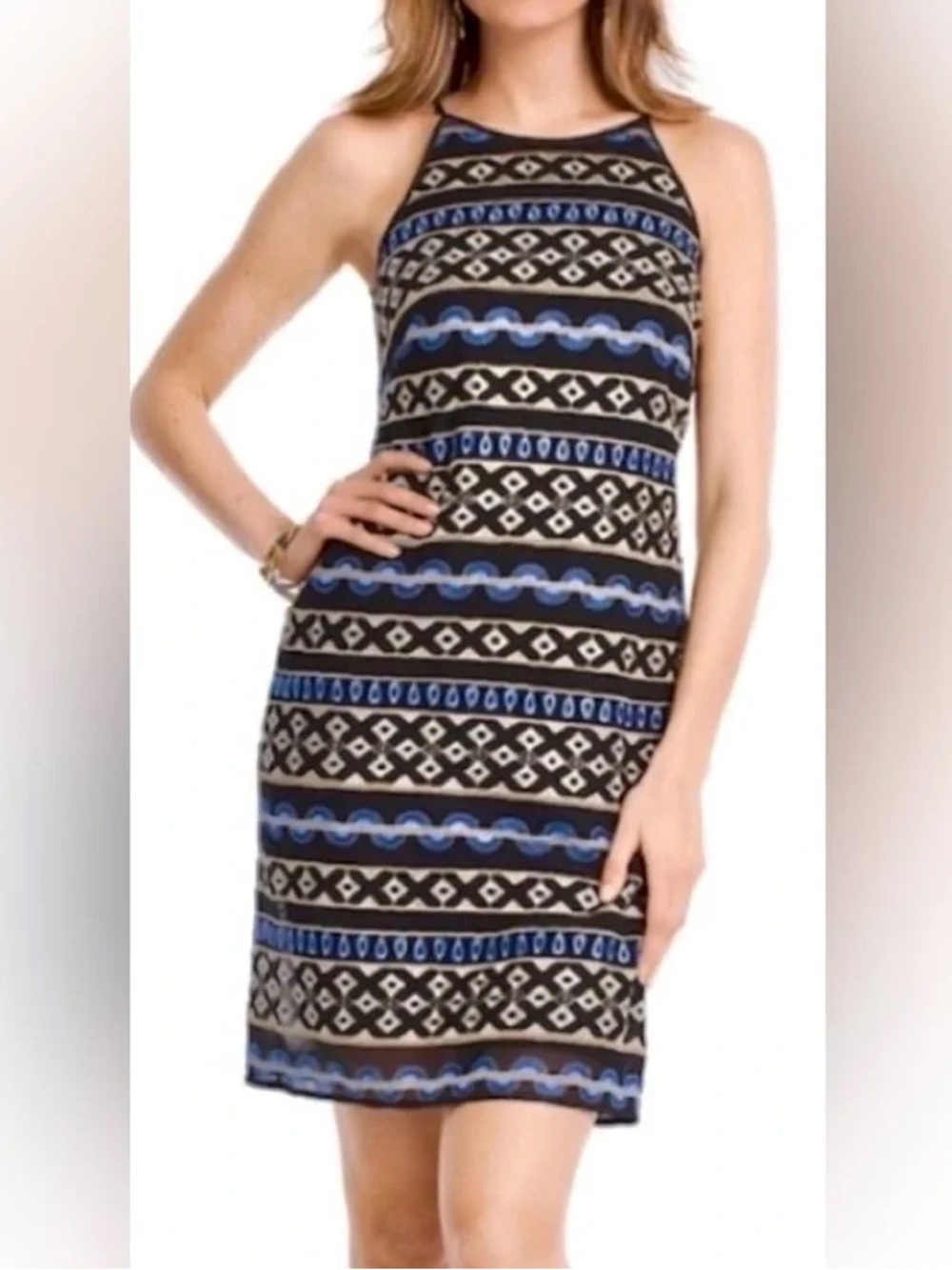 NWOT WHBM I Black Strappy Sleeveless Embroidered Mini Shift Dress 14